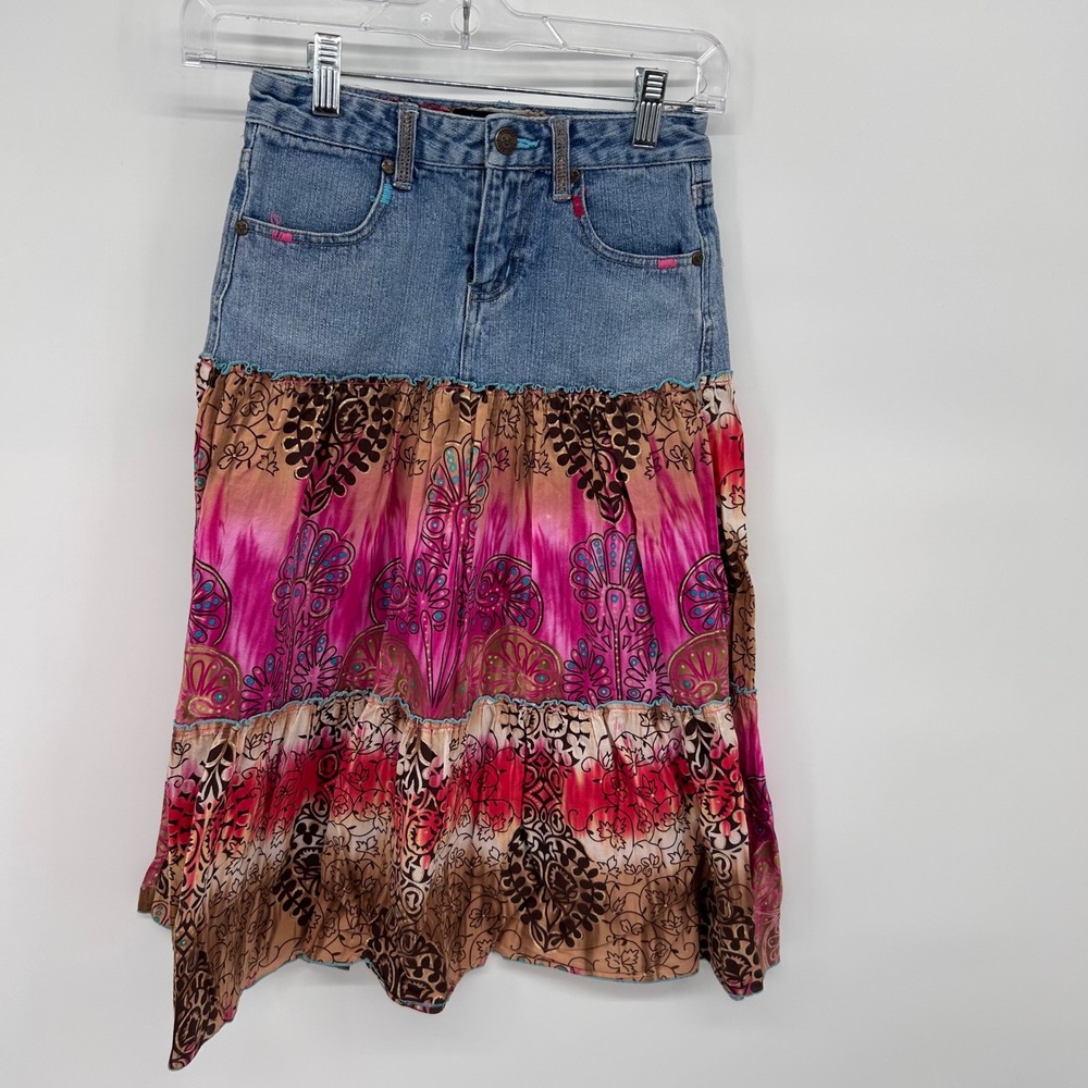 Squeeze Girls Y@K Denim‎ Tiered Boho Skirt Girls Size 8 Pink Brown Floral Print